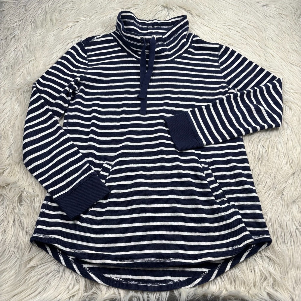 J.Crew Women's M Navy White Striped Funnel Neck Waffle Top Coastal Preppy Yacht